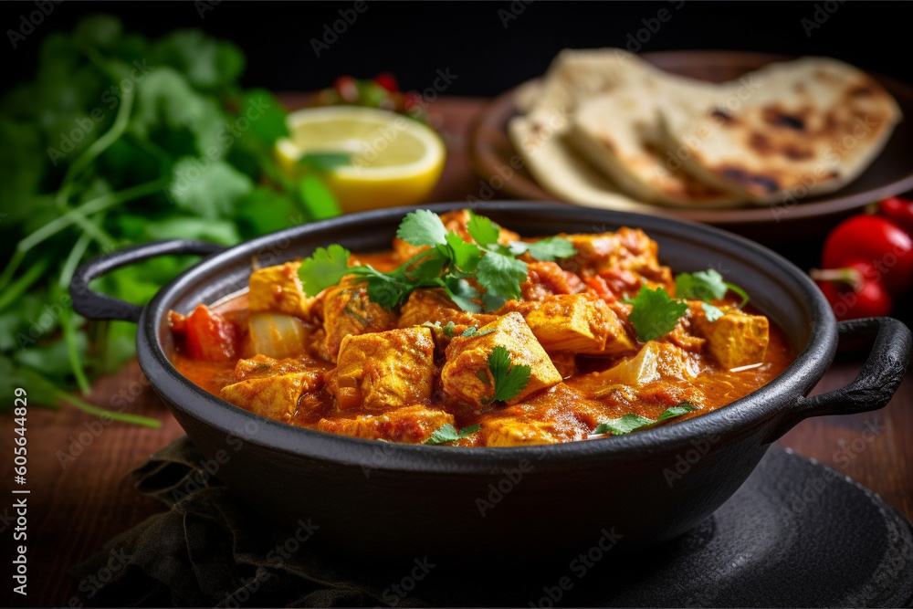 Indian chicken curry recipe served in a black plate. Ai generated Indian chicken curry recipe served in a black plate. Ai generated