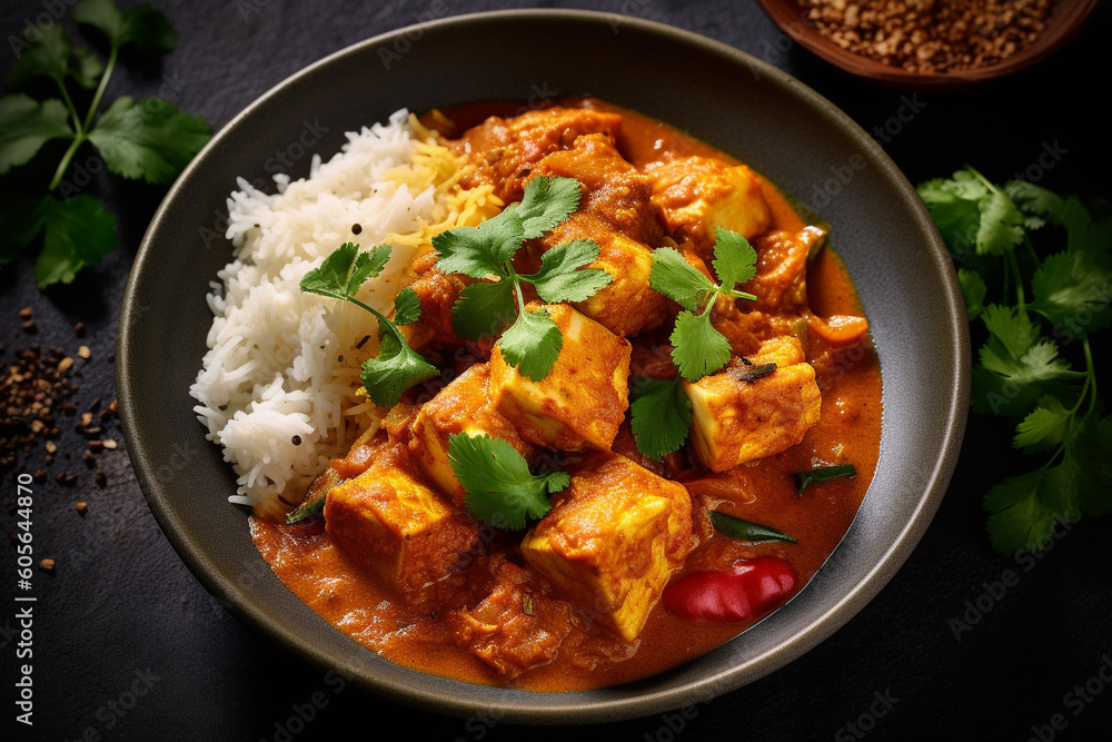Indian chicken curry recipe served in a black plate. Ai generated Indian chicken curry recipe served in a black plate. Ai generated