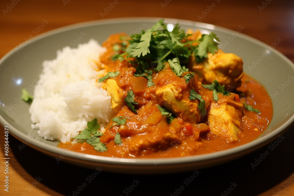 Indian chicken curry recipe served in a black plate. Ai generated Indian chicken curry recipe served in a black plate. Ai generated