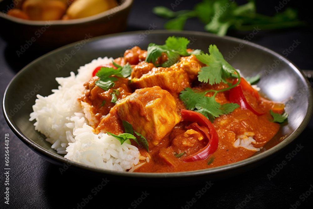 Indian chicken curry recipe served in a black plate. Ai generated Indian chicken curry recipe served in a black plate. Ai generated