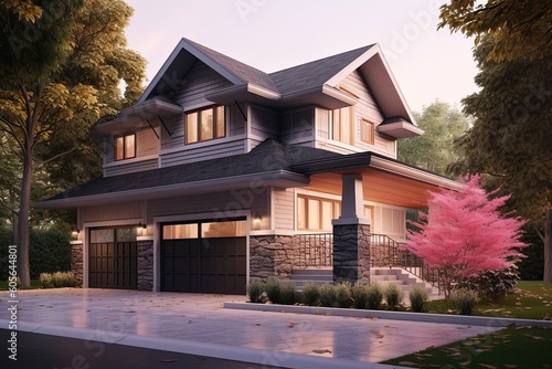 Cutting-Edge Features and Natural Stone Cladding in a Progressive Brand New House with Pink Siding and Single Car Garage  generative AI