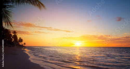 Art Beautiful sunrise over the tropical sandy beach; summer vacation banner design with copy space for text