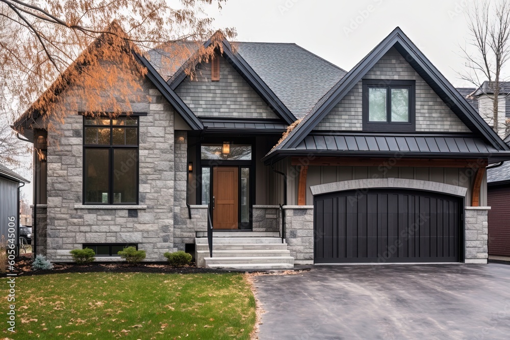 Cutting-Edge Features in a Brand New House with Natural Stone Cladding and a Single Car Garage, generative AI Cutting-Edge Features in a Brand New House with Natural Stone Cladding and a Single Car Garage, generative AI