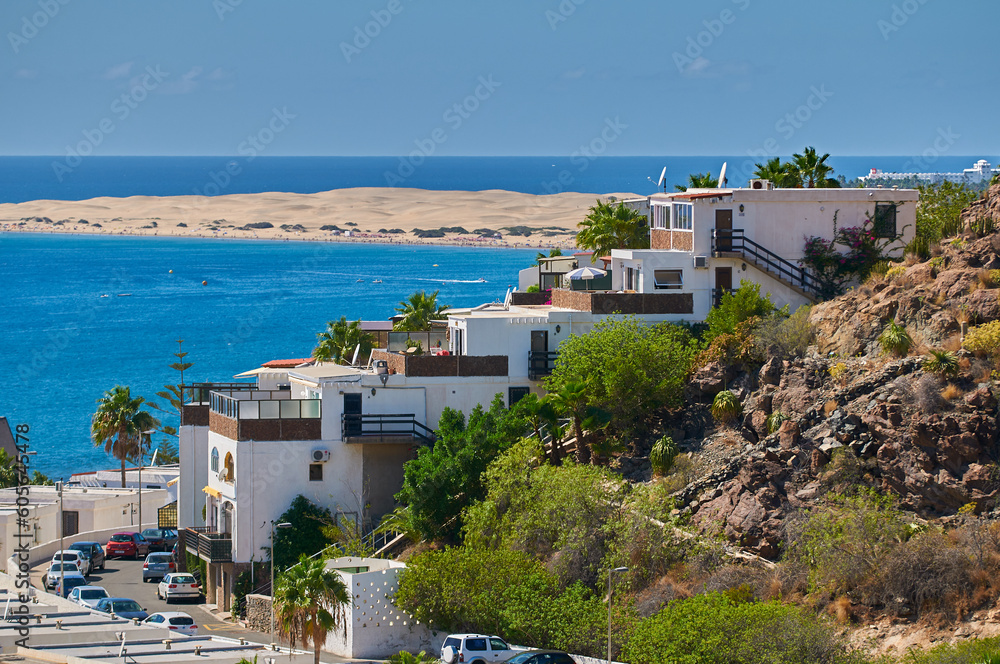 Houses on a hill close to the beach in Gran Canaria, Canary island, Spain