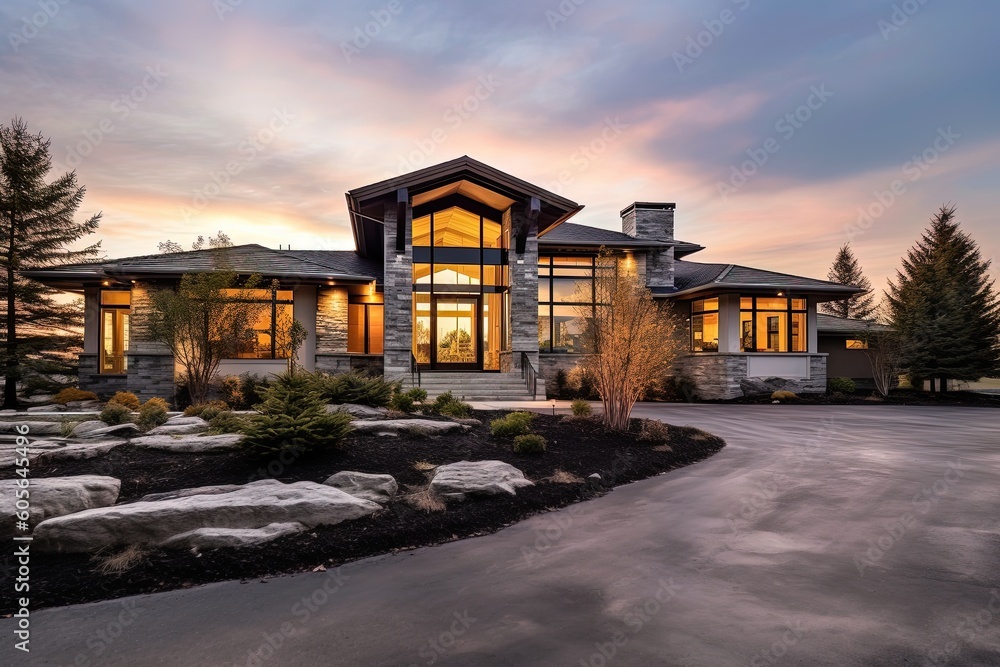 Avant-Garde Design meets Spacious and Modern: Coral Siding and Natural Stone Pillars accompany a Three-Car Garage in a Recently Constructed Property, generative AI