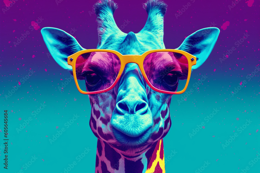 Fototapeta premium Stylish giraffe wearing a pair of trendy sunglasses. With its bold colors and playful vibes, this artwork radiates a sense of fun. Ai generated