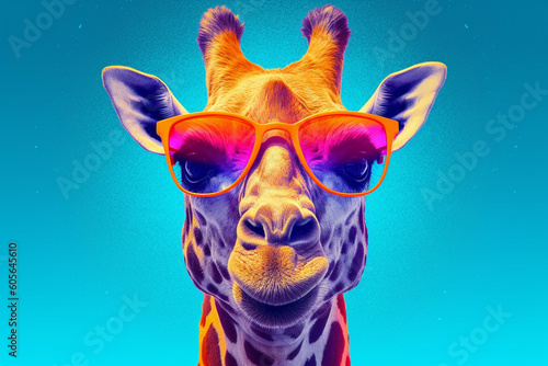 Stylish giraffe wearing a pair of trendy sunglasses. With its bold colors and playful vibes, this artwork radiates a sense of fun. Ai generated