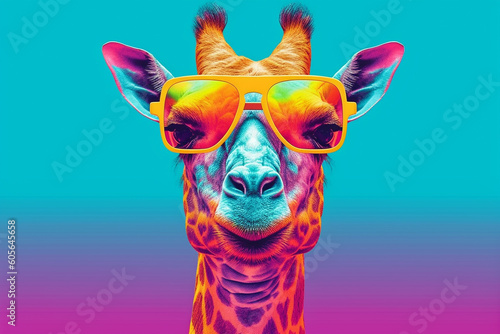 Stylish giraffe wearing a pair of trendy sunglasses. With its bold colors and playful vibes, this artwork radiates a sense of fun. Ai generated © twindesigner