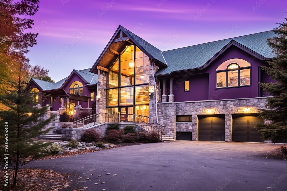 Avant-Garde Design Meets Functionality: Explore this Spacious Property with 3-Car Garage, Natural Stone Pillars, and Purple Siding, generative AI