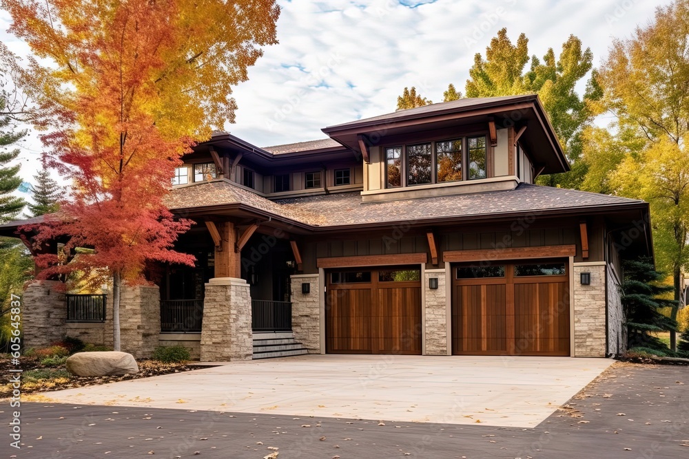 Avant-Garde Design Meets Functionality in Spacious Three-Car Garage Property with Natural Stone Pillars and Brown Siding, generative AI