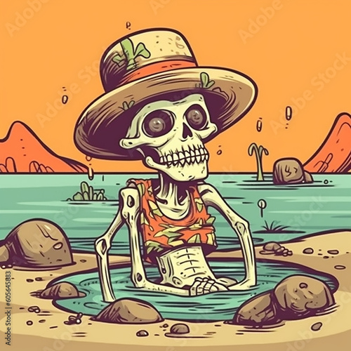 Dead man in summer heat. Burning skeleton in desert. Drought on earth. AI generation.. © Ivan
