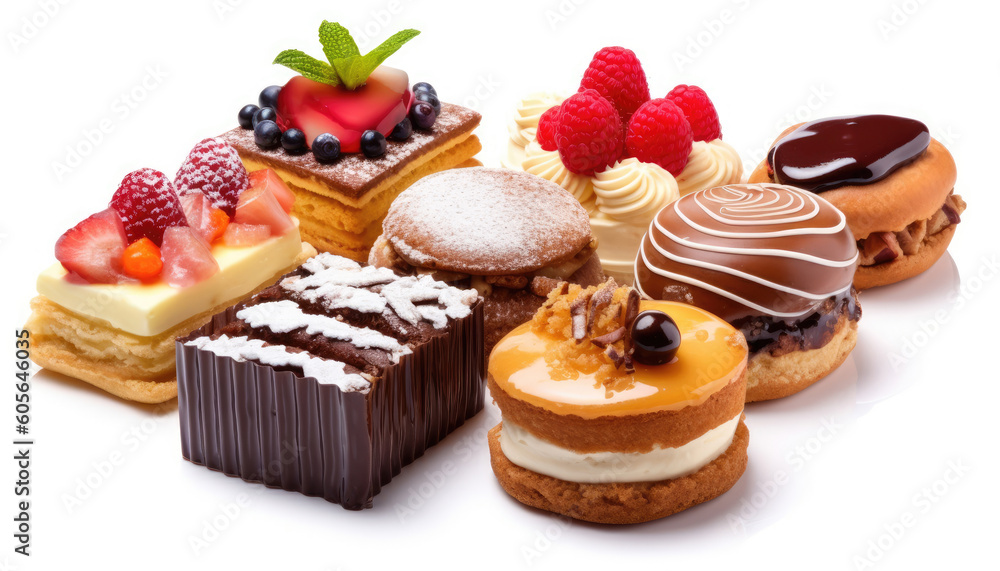 Assortment of pieces of cake, isolated on a white background