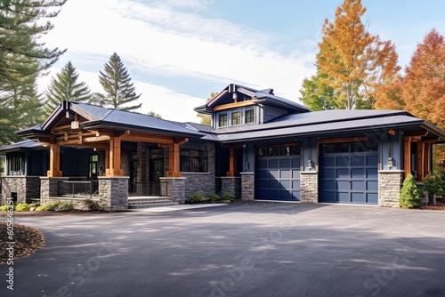 Avant-Garde Design Meets Spacious Living: A Recently Constructed Property with a Three-Car Garage, Dark Blue Siding, and Natural Stone Pillars, generative AI