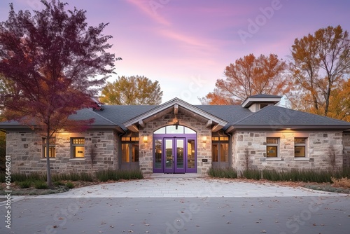 Avant-Garde Design Meets Spacious New Construction Property with Three-Car Garage and Striking Purple Siding Accented by Natural Stone Pillars, generative AI