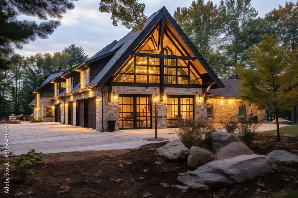Avant-garde Design Shines in Recently Constructed Property with Spacious Three-Car Garage and Earthy Natural Stone Pillars, generative AI