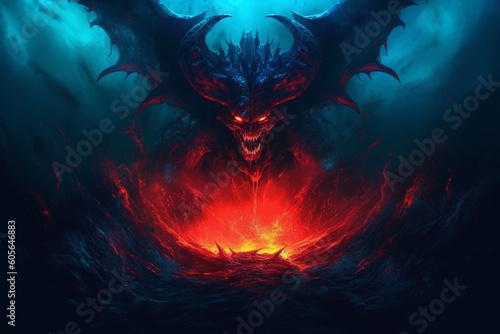 Concept of hell. Fierce flames and raging fire surround a representation of the devil at the center. Ai generated