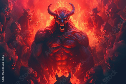 Concept of hell. Fierce flames and raging fire surround a representation of the devil at the center. Ai generated
