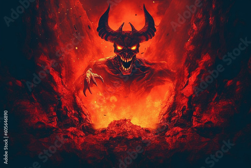 Concept of hell. Fierce flames and raging fire surround a representation of the devil at the center. Ai generated