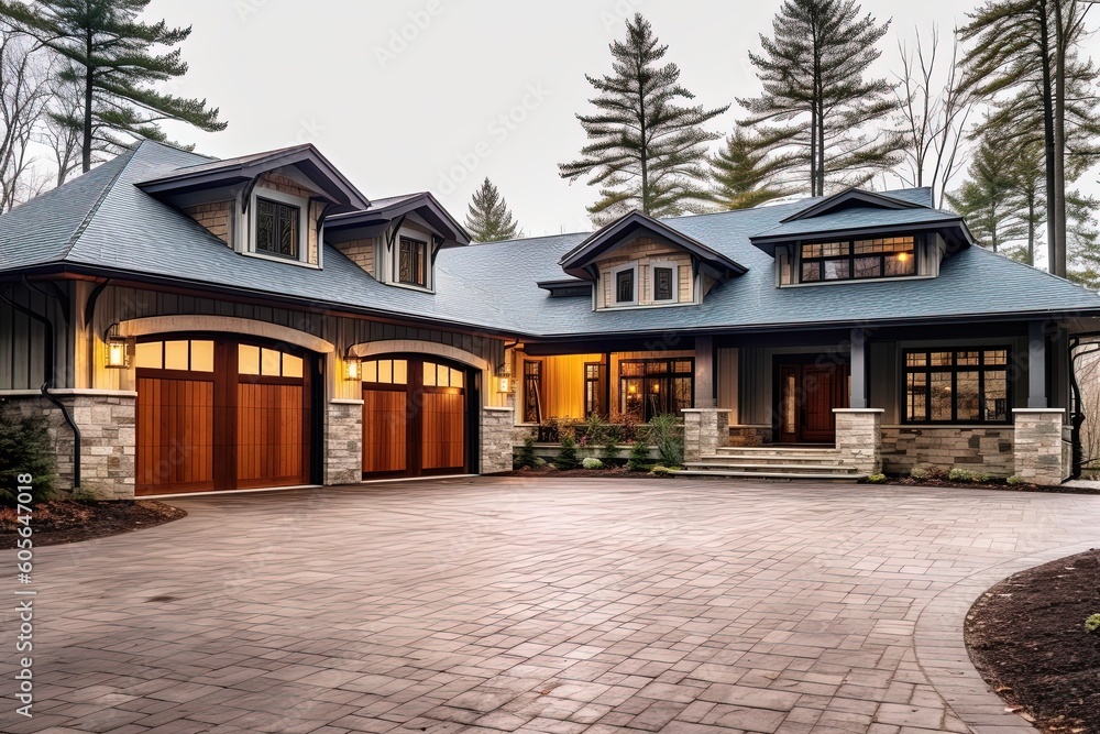 Avant-Garde Design Meets Functionality: Three-Car Garage and Spacious Newly-Built Property with Light Green Siding and Natural Stone Pillars, generative AI