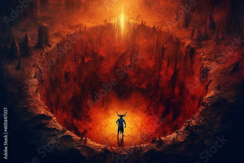 Concept of hell. Fierce flames and raging fire surround a representation of the devil at the center. Ai generated