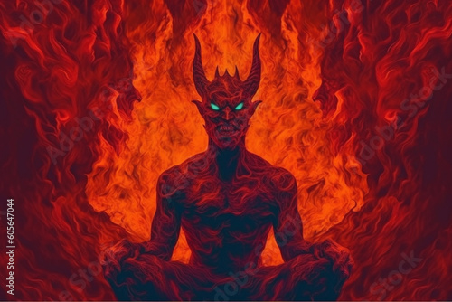 Concept of hell. Fierce flames and raging fire surround a representation of the devil at the center. Ai generated