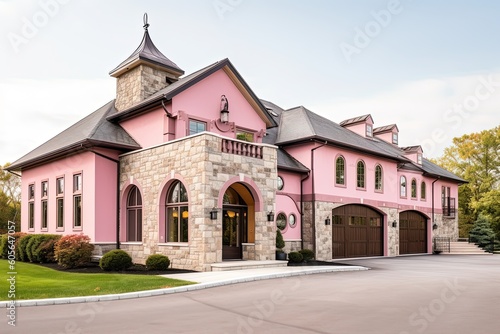 Avant-Garde Design Meets Spacious Living: Recently Built Home with Natural Stone Pillars, Three-Car Garage, and Pink Siding, generative AI