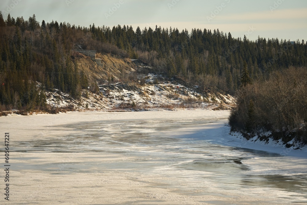 Winter landscape of a frozen lake surrounded by a forest