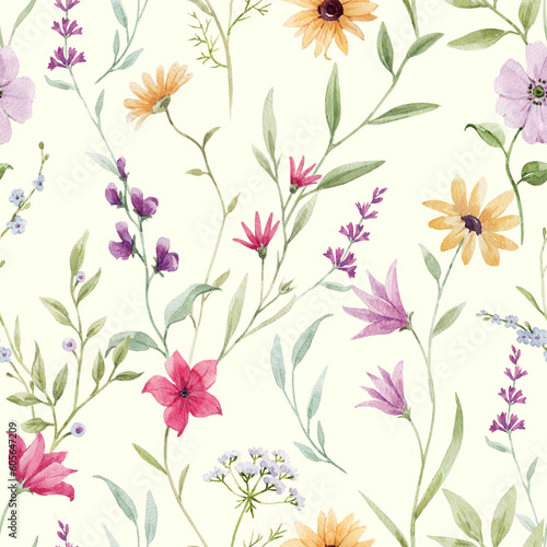 Beautiful seamless pattern with watercolor hand drawn colorful flowers. Stock illustration. © zenina