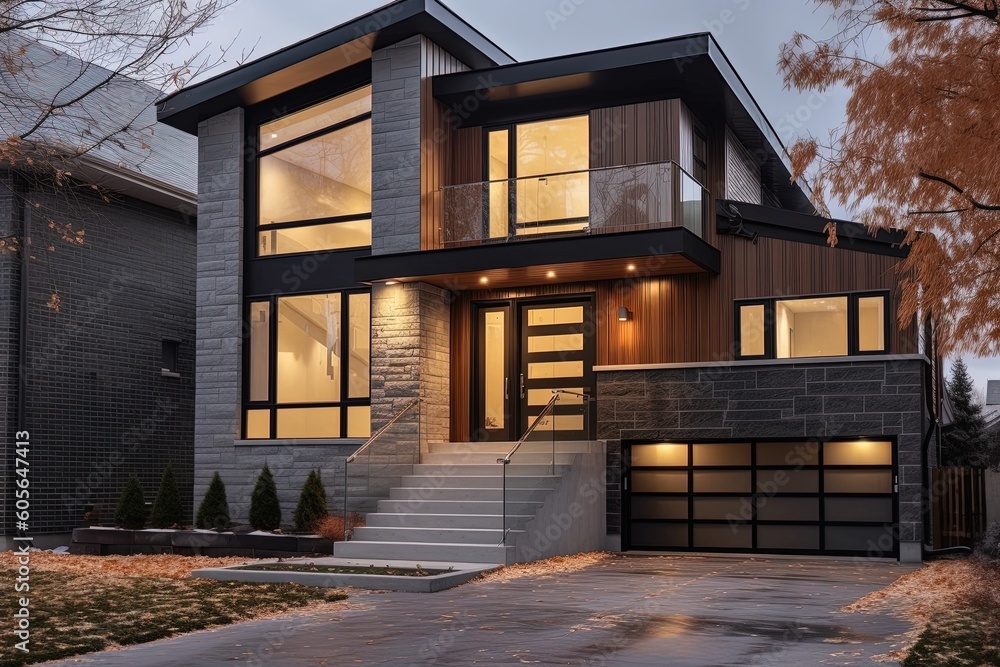 New Innovative Urban Dwelling with Two-Car Garage, Natural Stone Staircase, and Brown Siding, generative AI New Innovative Urban Dwelling with Two-Car Garage, Natural Stone Staircase, and Brown Siding, generative AI