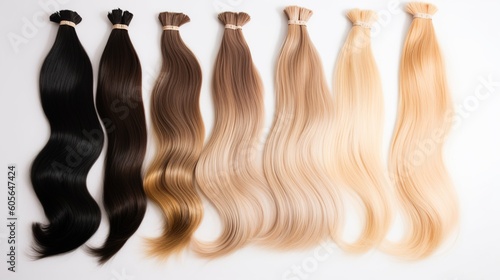 A selection of various hair extensions on white background photo
