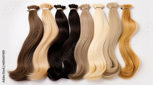 A selection of various hair extensions on white background