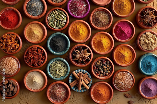 Indian set of Indian spices arranged in clay ceramics, viewed from above. Ai generated