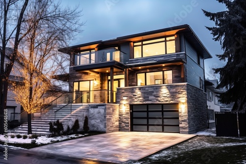 Innovative Aesthetic Meets Urban Comfort in this Brand New Dwelling with 2-Car Garage, Gray Siding, and Natural Stone Staircase, generative AI