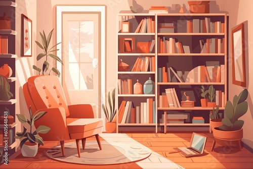 Living room interior with bookshelf, armchair and plants. Digital illustration, generative Ai © Angus.YW