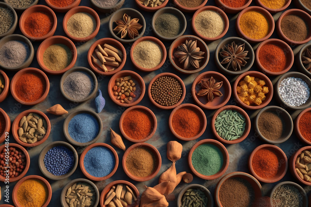Indian set of Indian spices arranged in clay ceramics, viewed from above. Ai generated Indian set of Indian spices arranged in clay ceramics, viewed from above. Ai generated