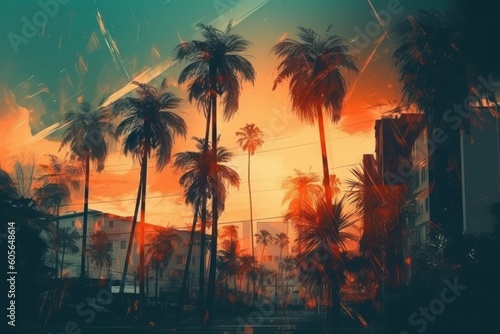 Palm trees in the city at sunset. Digital painting style  generative Ai