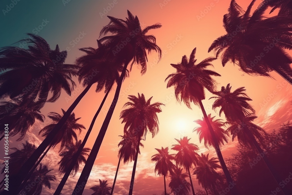 Palm trees silhouettes on sunset sky background. Vintage toned, generative Ai