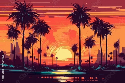 Palm trees silhouettes on the sunset background. Digital illustration, generative Ai