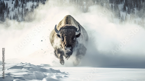 buffalo bison running in the snow, national park - by generative ai