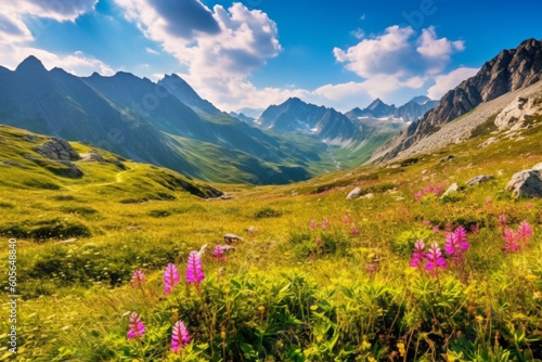 Beauty of the Alps with breathtaking illustration capturing a magnificent meadow with flowers and mountain landscape. Ai generated © twindesigner