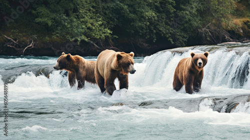 wildlife grizzly bears fishing in the river - by generative ai