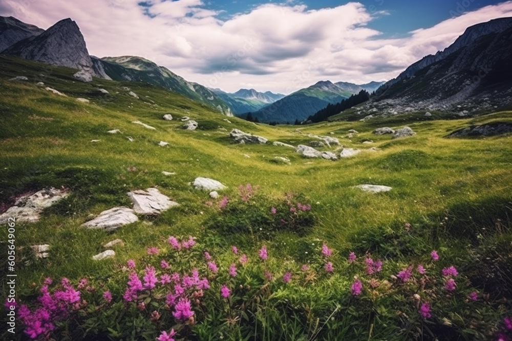Fototapeta premium Beauty of the Alps with breathtaking illustration capturing a magnificent meadow with flowers and mountain landscape. Ai generated