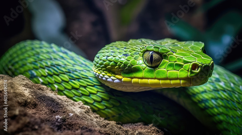 green snake spirit animal on a branch close up - by generative ai