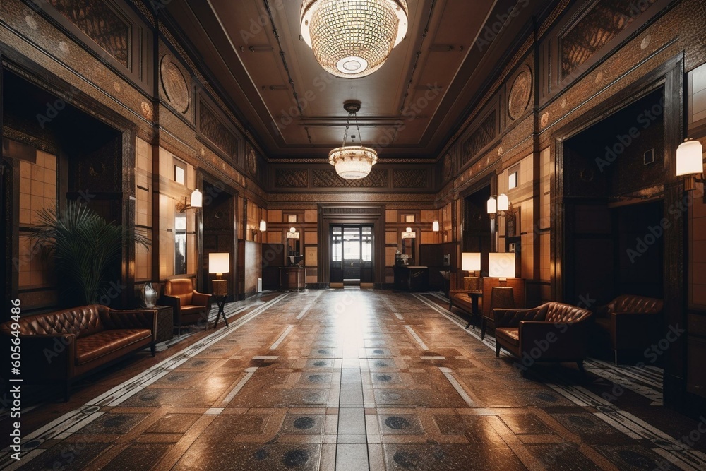 Opulent Art Deco styled lobby. Generative AI