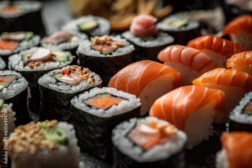 Japanese sushi set with salmon, tuna, shrimp, avocado and cucumber on black background, generative Ai