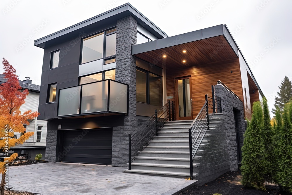 Modern Urban Dwelling with Innovative Aesthetic, Natural Stone Staircase, and Two-Car Garage on Dark Green Siding, generative AI