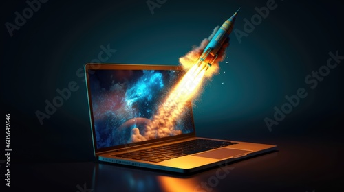 Rocket coming out of laptop screen ,rocket launching , ai generative
