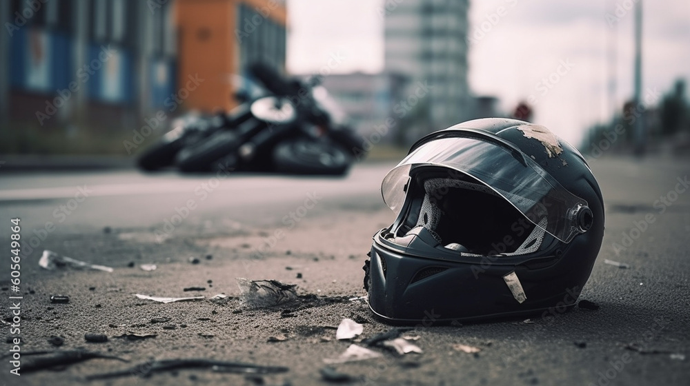 Fragments of a broken motorcycle on the pavement. Generative AI Fragments of a broken motorcycle on the pavement. Generative AI
