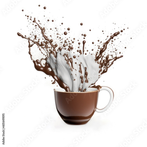 Latte coffee cup splashes isolated on white background. Hot beverage with milk, Generative AI