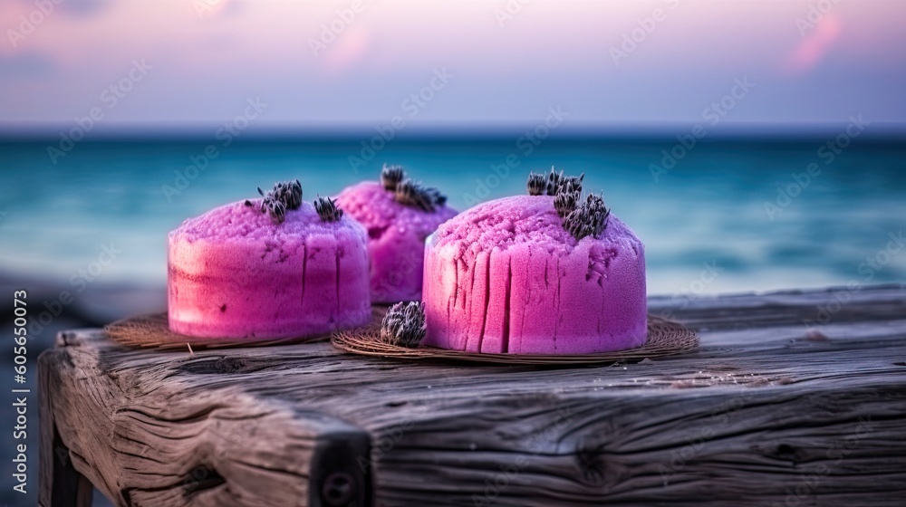 Lavender ice cream served with watermelon on wooden table. Blurred seascape in the background. Generative ai - obrazy, fototapety, plakaty 
